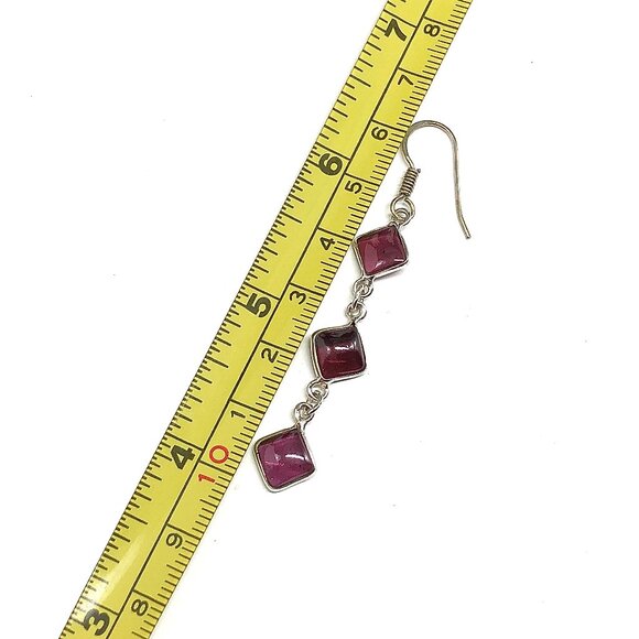 Sterling Silver Dangle Earrings, Stylish Kite cut Red Garnet Earrings - Picture 3 of 6